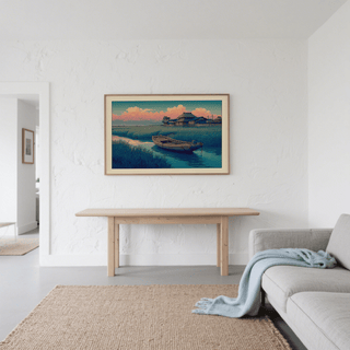 Rural Japanese landscape print with wooden boat and river bend