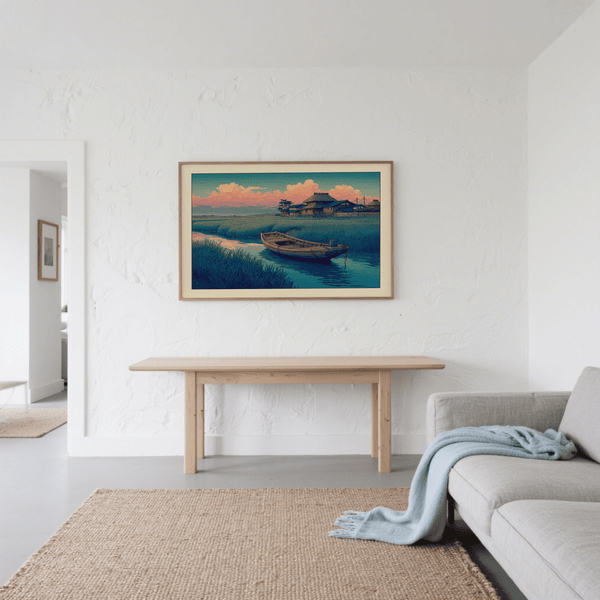 Rural Japanese landscape print with wooden boat and river bend