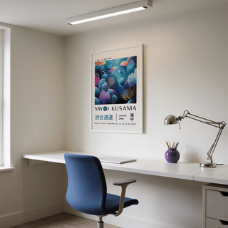 Office wall decorated with Yayoi Kusama fish artwork prints