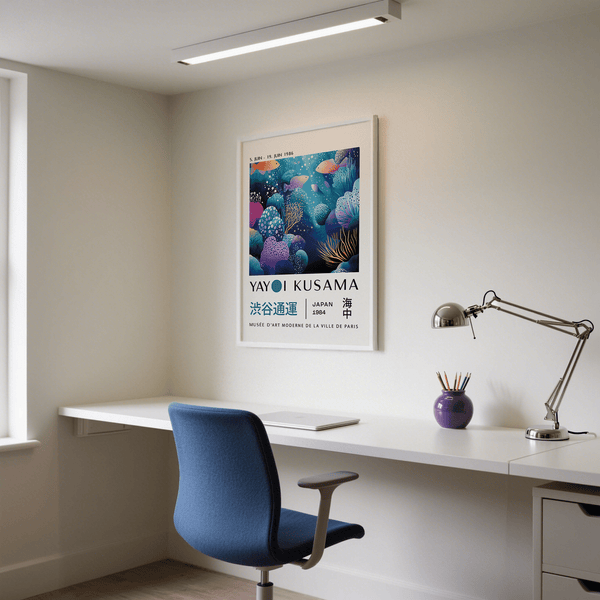 Office wall decorated with Yayoi Kusama fish artwork prints