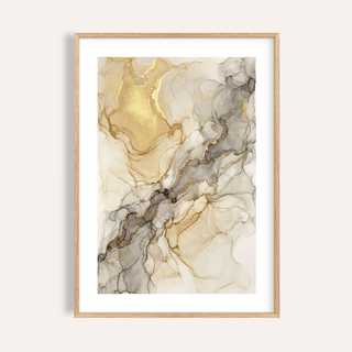 Fluid Art Gold Poster with layered marbling in gold beige and gray