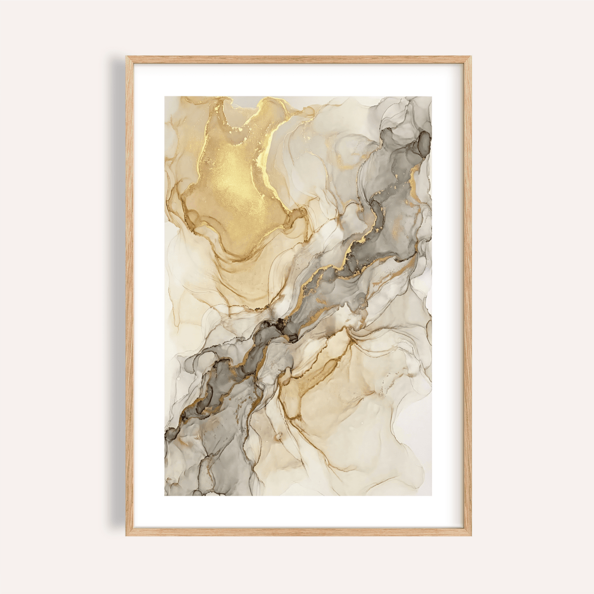 Fluid Art Gold Poster with layered marbling in gold beige and gray