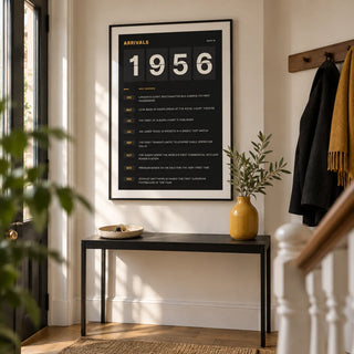 1956 Arrivals Board Print, framed on the wall of a crisp entrance hall in a renovated UK terrace with warm white walls and oak floorboards