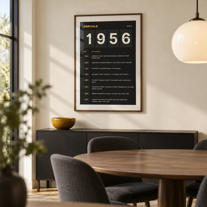 1956 Arrivals Board Print, framed on the wall of a modern dining room with a cream wall