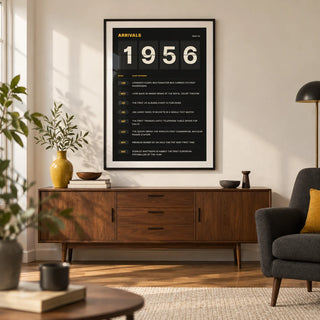 1956 Arrivals Board Print, framed on the wall of a modern living room in a UK townhouse with warm white walls