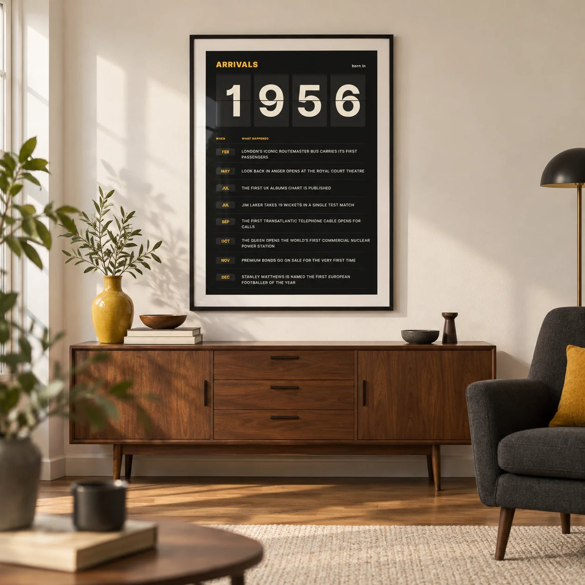 1956 Arrivals Board Print, framed on the wall of a modern living room in a UK townhouse with warm white walls