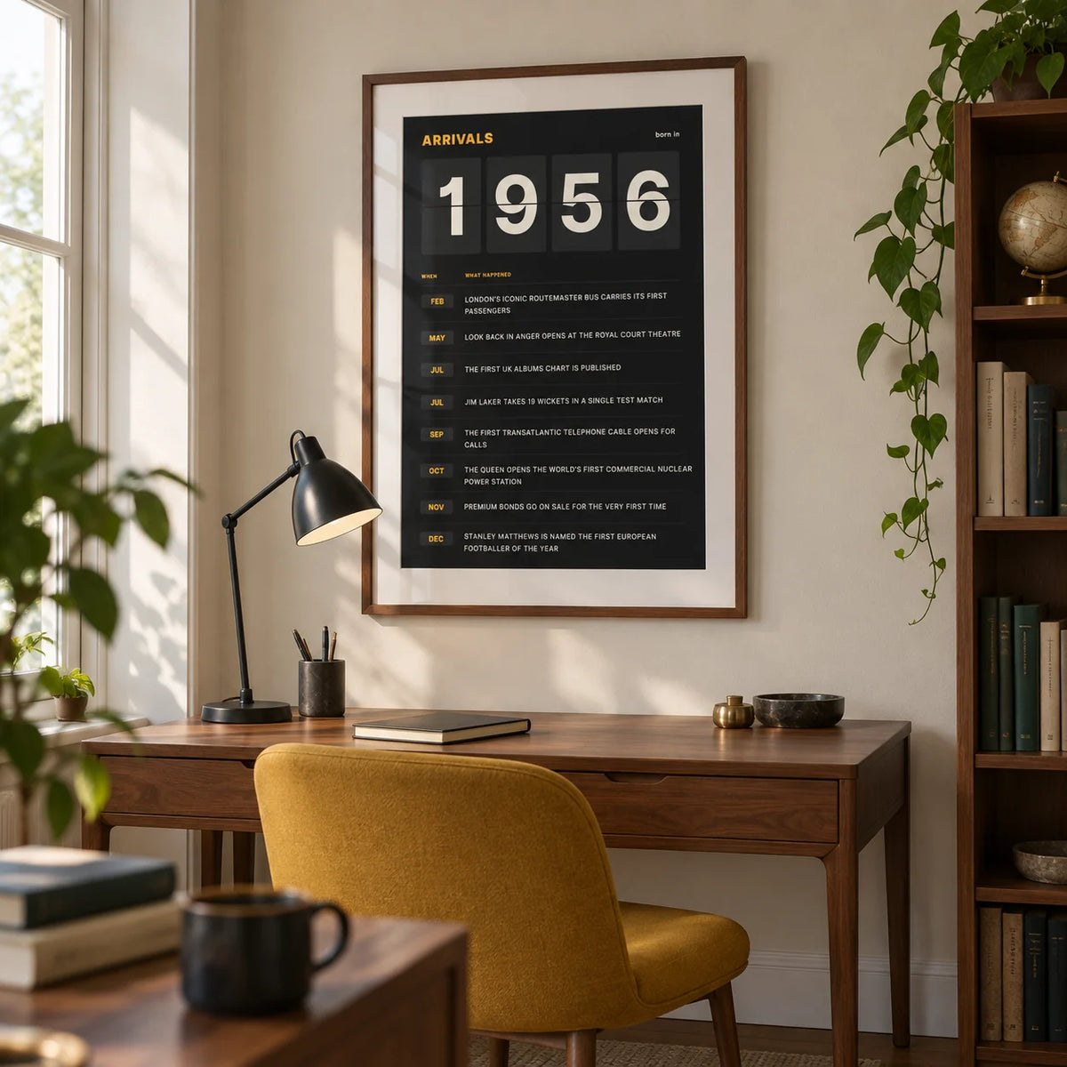 1956 Arrivals Board Print, framed on the wall of a quiet home study for a retired history enthusiast with a cream wall and a walnut desk