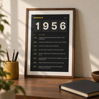 1956 Arrivals Board Print, a small A4 framed print leaning on a walnut desk