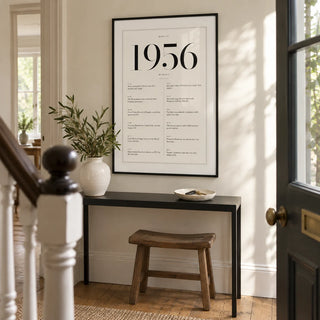 1956 Birthday Print, framed on the wall of a bright entrance hallway in a renovated UK terrace with an ivory wall and original timber floorboards