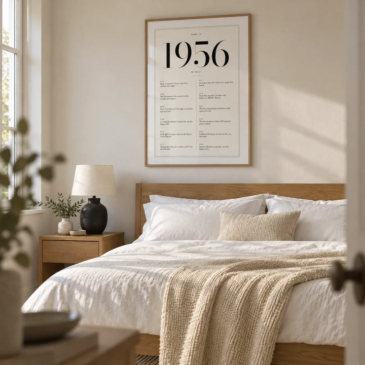 1956 Birthday Print, framed on the wall of a calm contemporary main bedroom in a UK home with an ivory wall and pale oak floor