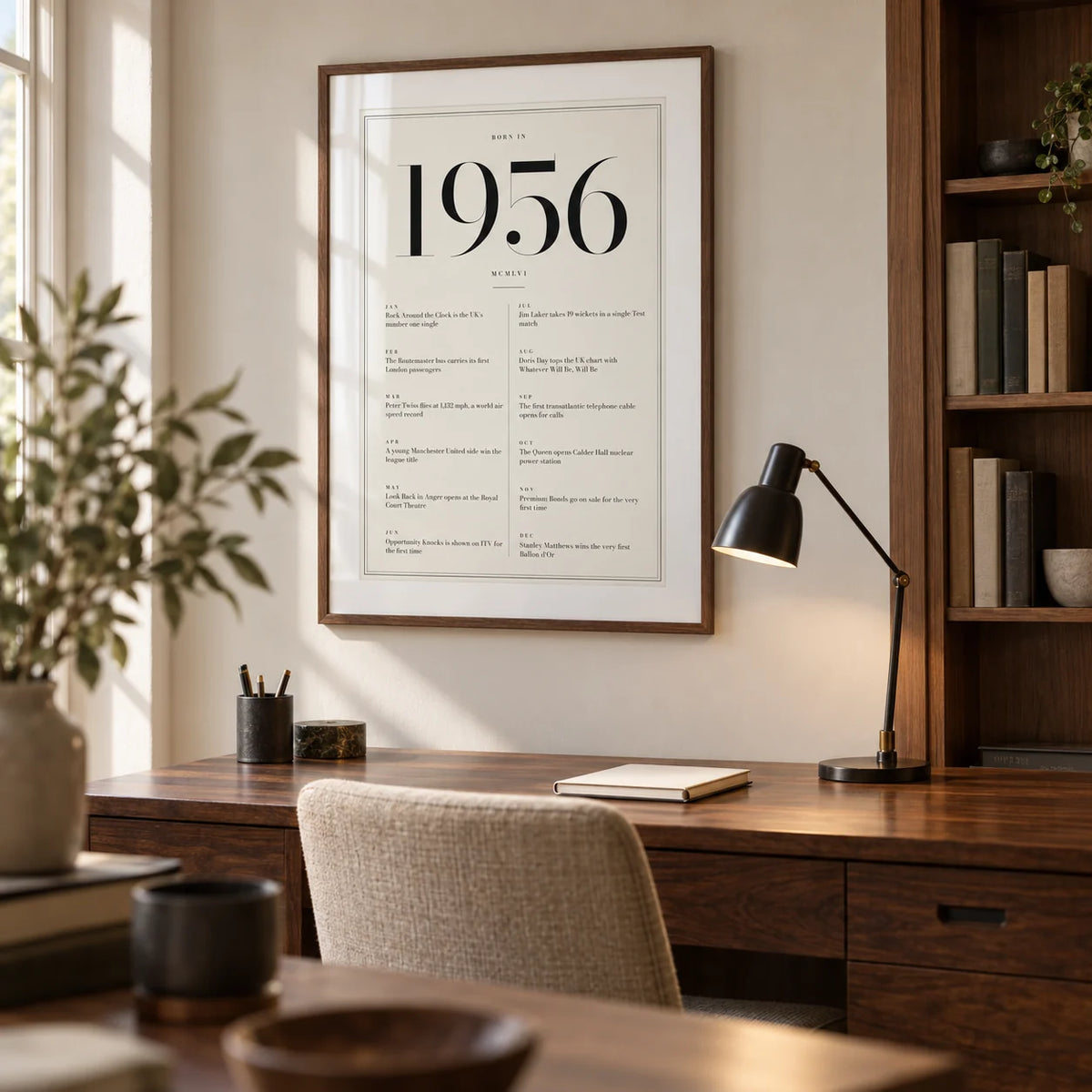 1956 Birthday Print, framed on the wall of a quiet home study for a history-loving adult with a warm white wall and a fitted walnut bookcase to one side