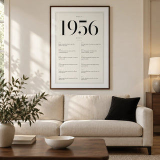 1956 Birthday Print, framed on the wall of a refined modern living room in a UK townhouse with a warm white wall