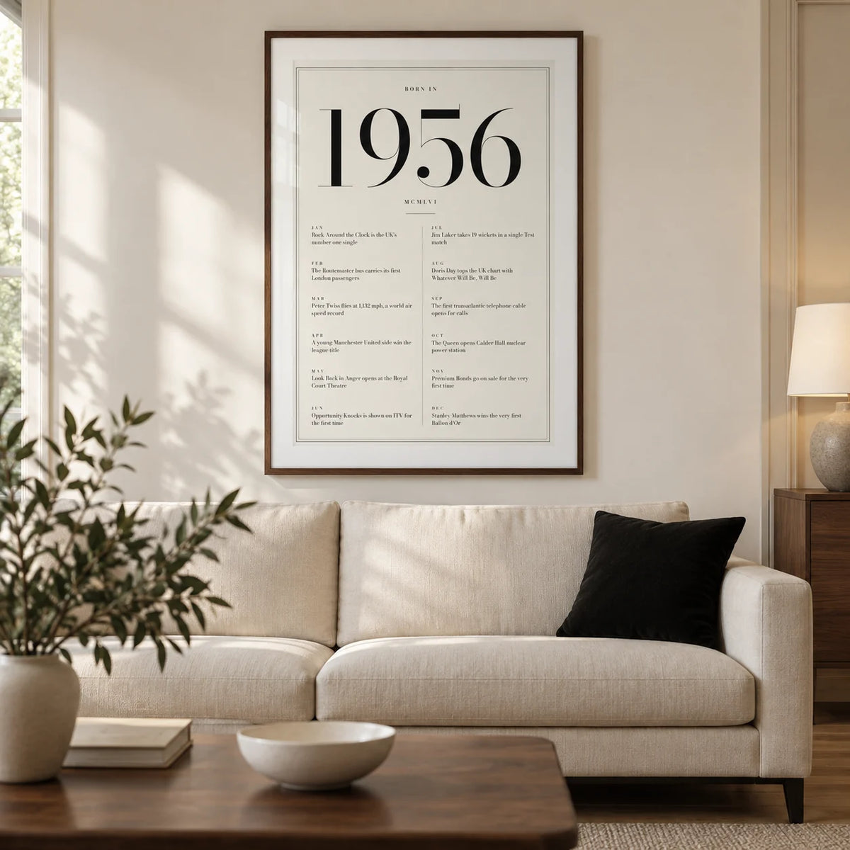 1956 Birthday Print, framed on the wall of a refined modern living room in a UK townhouse with a warm white wall