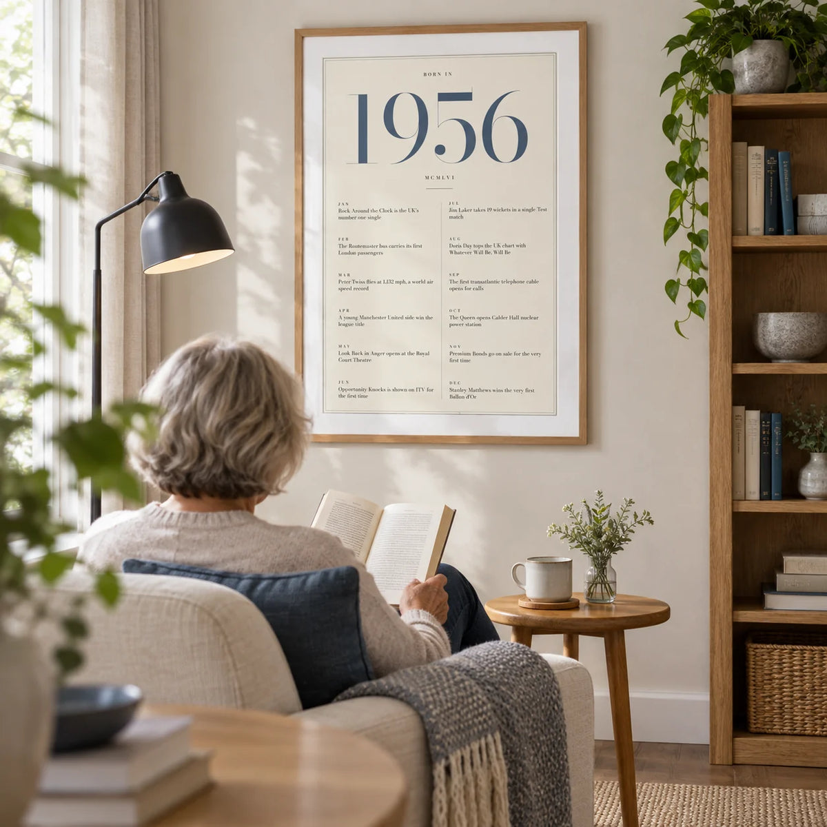 1956 Blue Birthday Print, framed on the wall of a bright reading corner in a mature adult's home with a warm white wall and a low oak bookcase in a living room