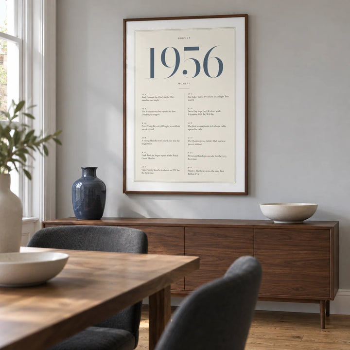 1956 Blue Birthday Print, framed on the wall of a modern dining room in a British townhouse with a pale grey wall and oak floor