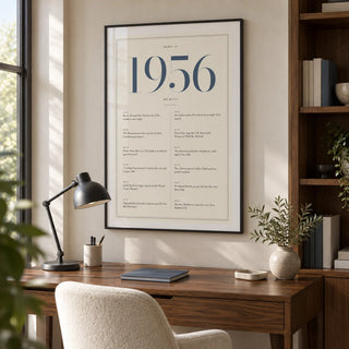 1956 Blue Birthday Print, framed on the wall of a quiet contemporary home study with an ivory wall and built-in walnut shelving