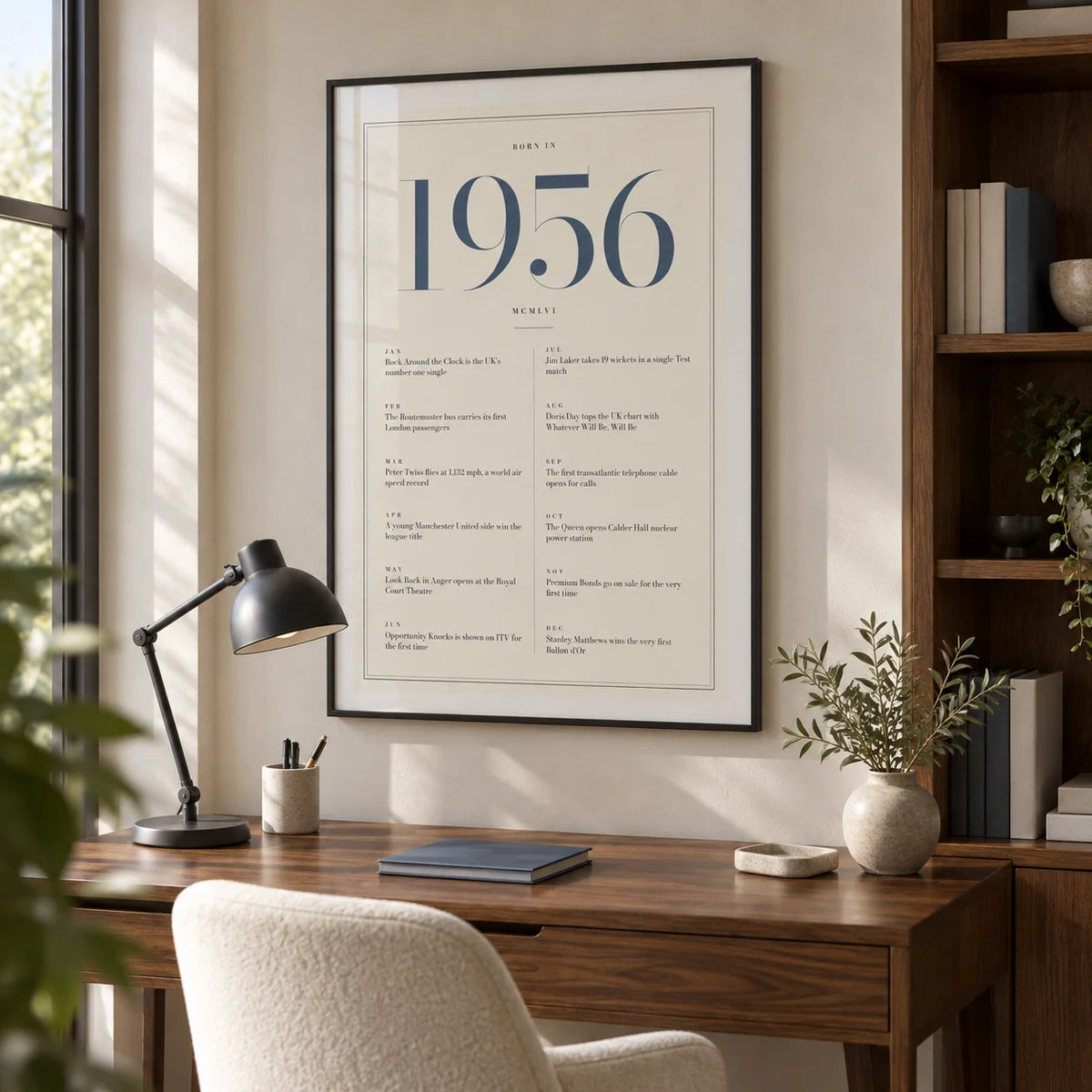 1956 Blue Birthday Print, framed on the wall of a quiet contemporary home study with an ivory wall and built-in walnut shelving