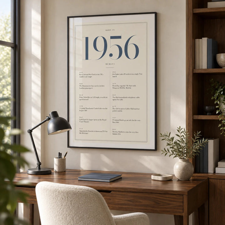 1956 Blue Birthday Print, framed on the wall of a quiet contemporary home study with an ivory wall and built-in walnut shelving
