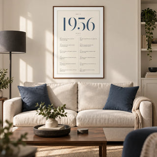 1956 Blue Birthday Print, framed on the wall of a refined modern living room in a mature couple's UK home with a warm white wall and walnut floor