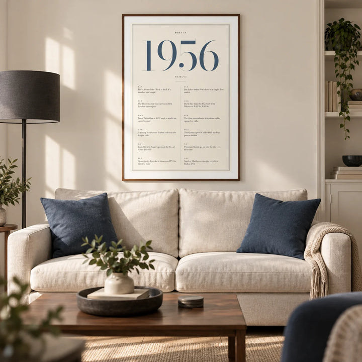 1956 Blue Birthday Print, framed on the wall of a refined modern living room in a mature couple's UK home with a warm white wall and walnut floor