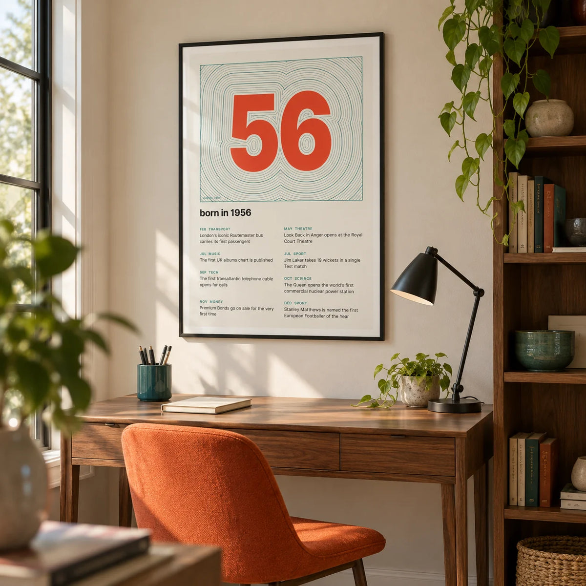 1956 Contour Map Print, framed on the wall of a bright home study for a design-conscious retired adult with a cream wall and walnut shelving