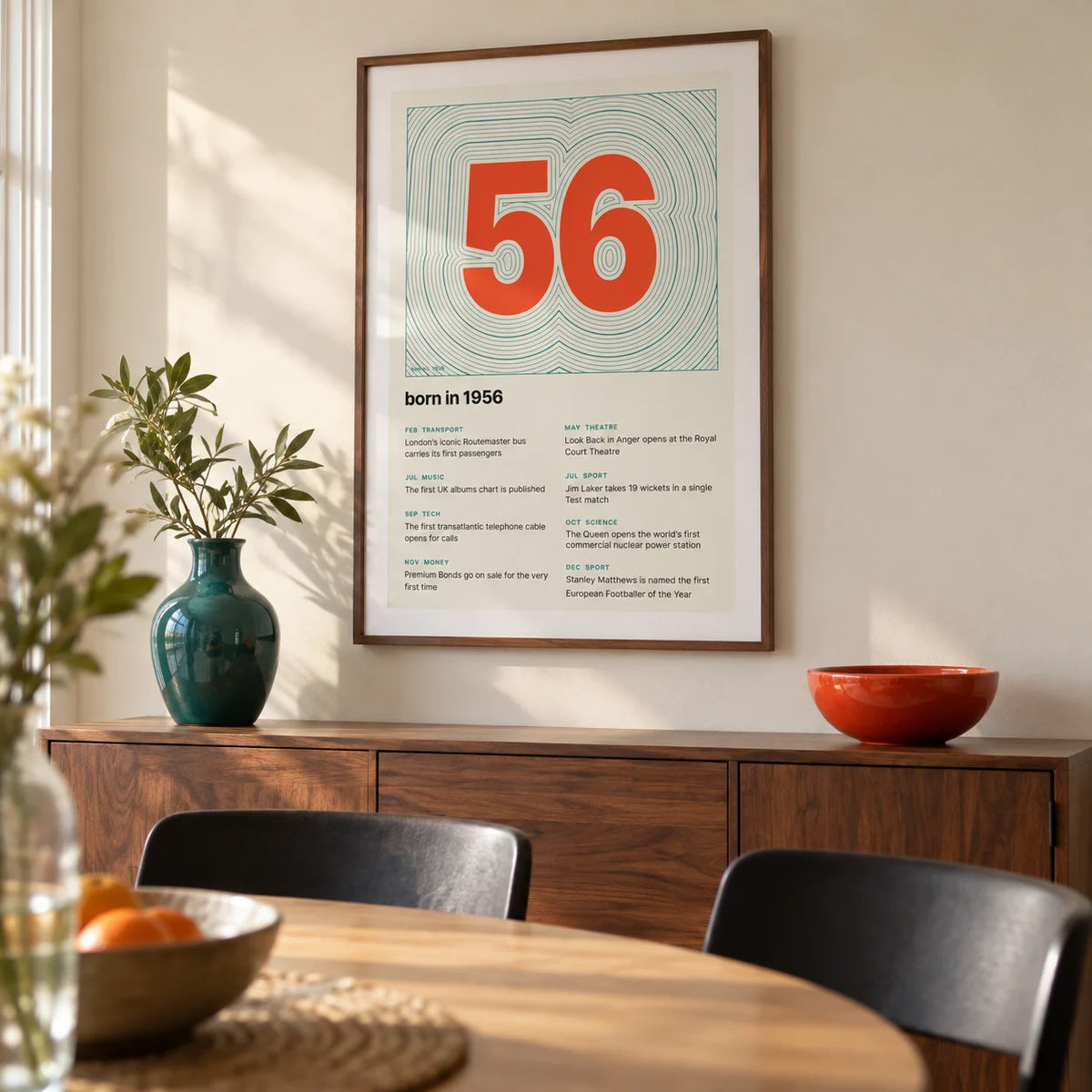 1956 Contour Map Print, framed on the wall of a contemporary dining room in a UK semi-detached home with a pale cream wall and a simple oak dining table