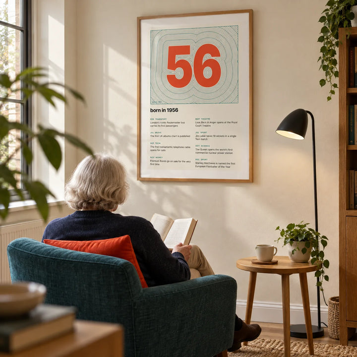 1956 Contour Map Print, framed on the wall of a quiet reading corner in a modern UK home with a cream wall and an oak floor in a living room