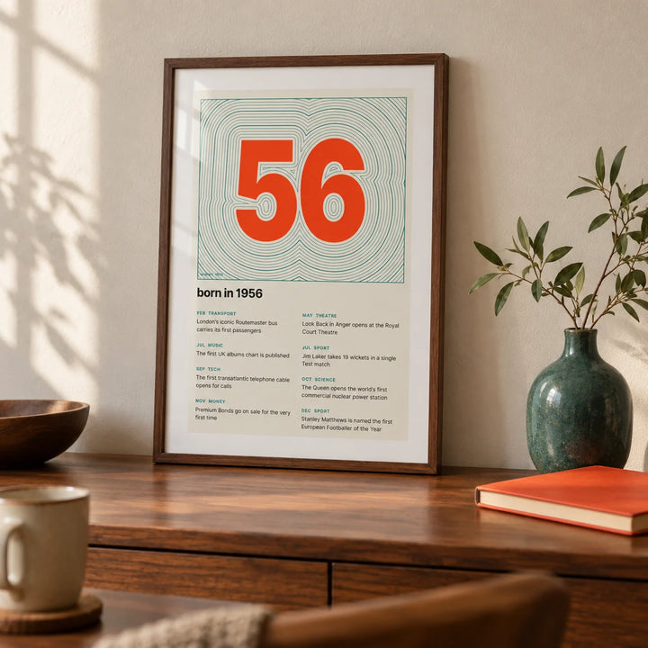 1956 Contour Map Print, a small A4 framed print leaning on a walnut desk