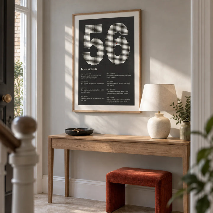 1956 Halftone Print, framed on the wall of a bright entrance hall in a thoughtfully renovated UK terrace with a pale grey wall and plain limestone floor