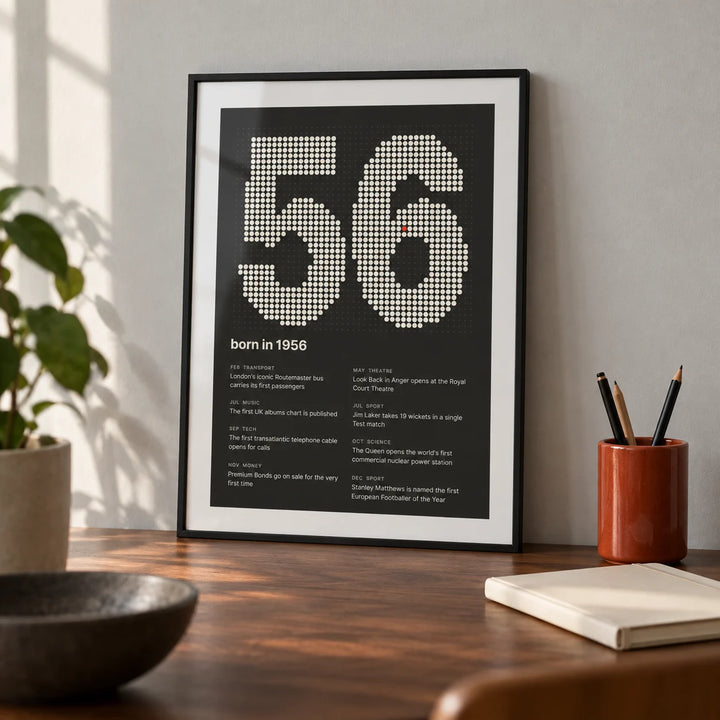 1956 Halftone Print, a small A4 framed print leaning on a walnut desk