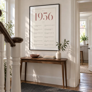 1956 Pink Birthday Print, framed on the wall of a bright hallway in a renovated British semi-detached home with a warm white wall
