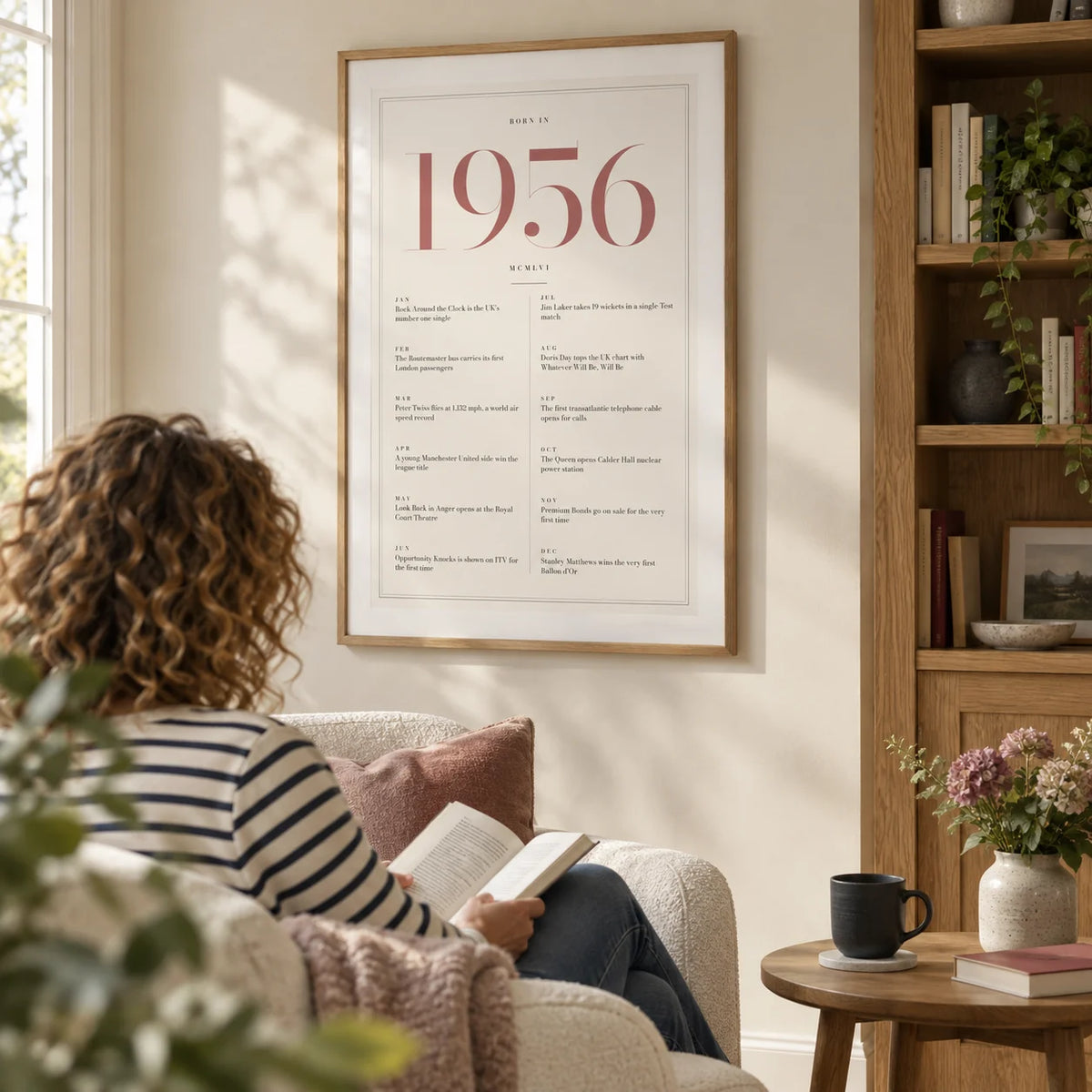 1956 Pink Birthday Print, framed on the wall of a quiet reading corner in the home of a woman aged 69-70 in a living room