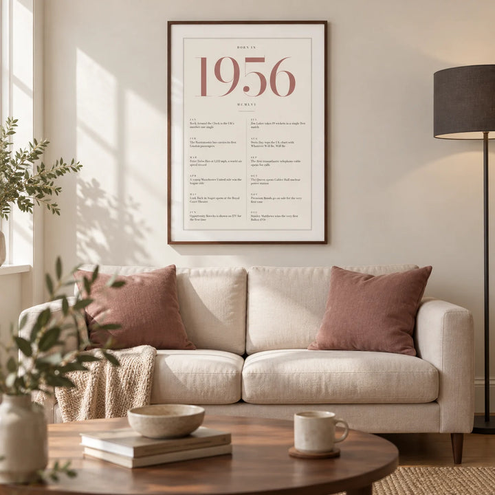 1956 Pink Birthday Print, framed on the wall of a refined modern living room in a UK townhouse with an ivory wall and warm oak flooring