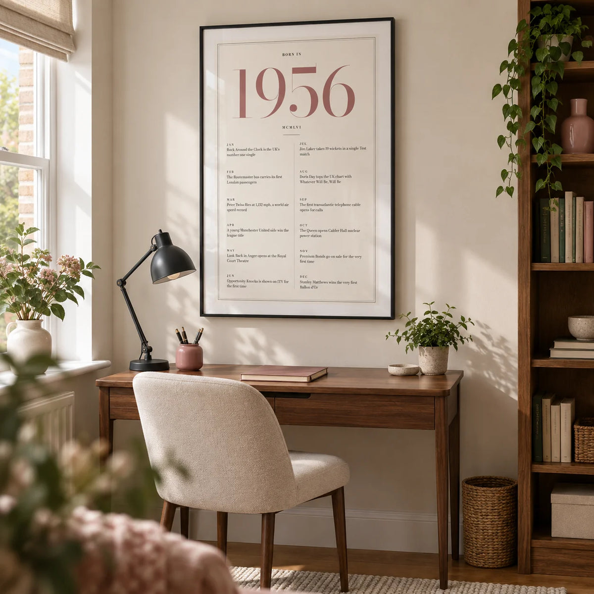 1956 Pink Birthday Print, framed on the wall of a tidy home study in a UK retirement flat with a warm white wall and oak flooring