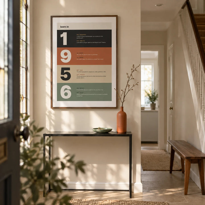 1956 Typography Print, framed on the wall of a bright entrance hallway in a British terraced house with a sandy beige wall and pale stone flooring