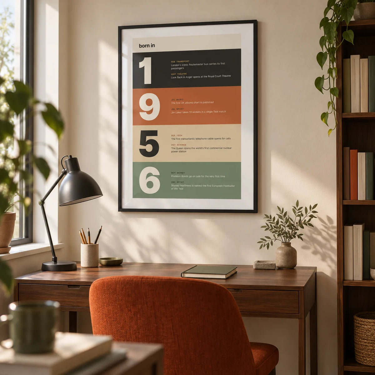 1956 Typography Print, framed on the wall of a compact home study in a design-led UK flat with a warm white wall and a walnut writing desk