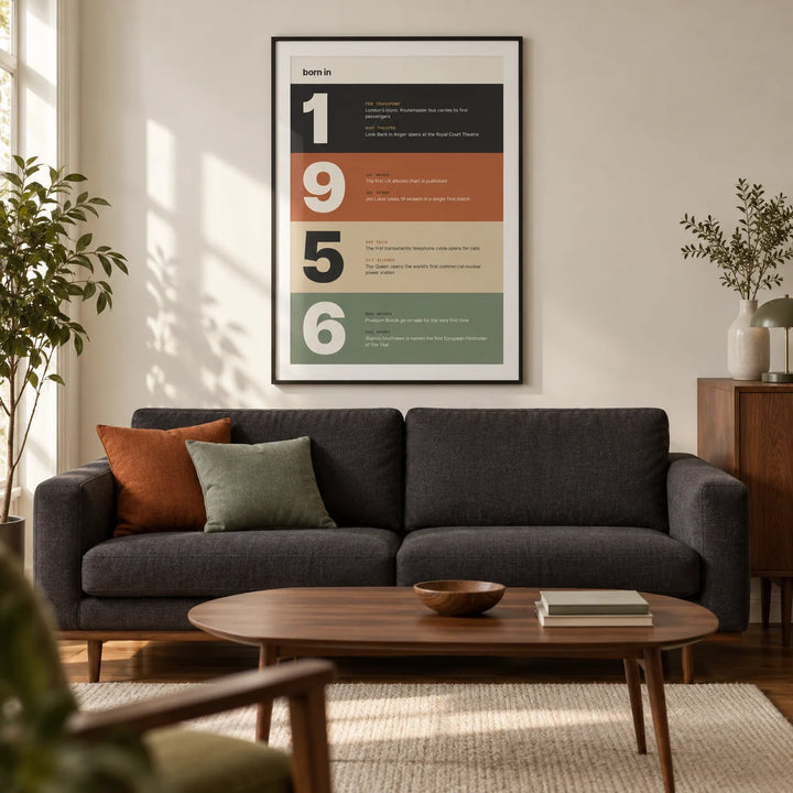 1956 Typography Print, framed on the wall of a modern living room in a UK townhouse with warm white walls