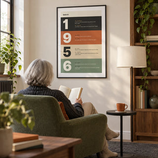 1956 Typography Print, framed on the wall of a modern reading corner in a UK family home with a warm white wall and walnut shelving in a living room