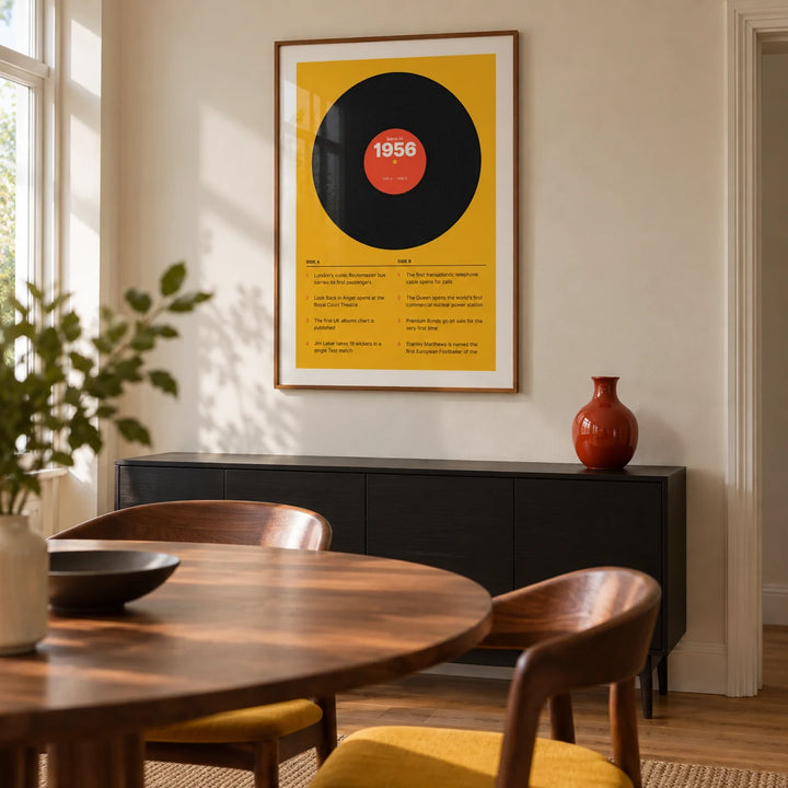 1956 Vinyl Record Print, framed on the wall of a compact modern dining room in a UK semi-detached home with a cream wall and oak floor