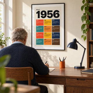 1956 Year in Review Print, framed on the wall of a bright home study in a mature couple's UK home with an ivory wall and a walnut desk
