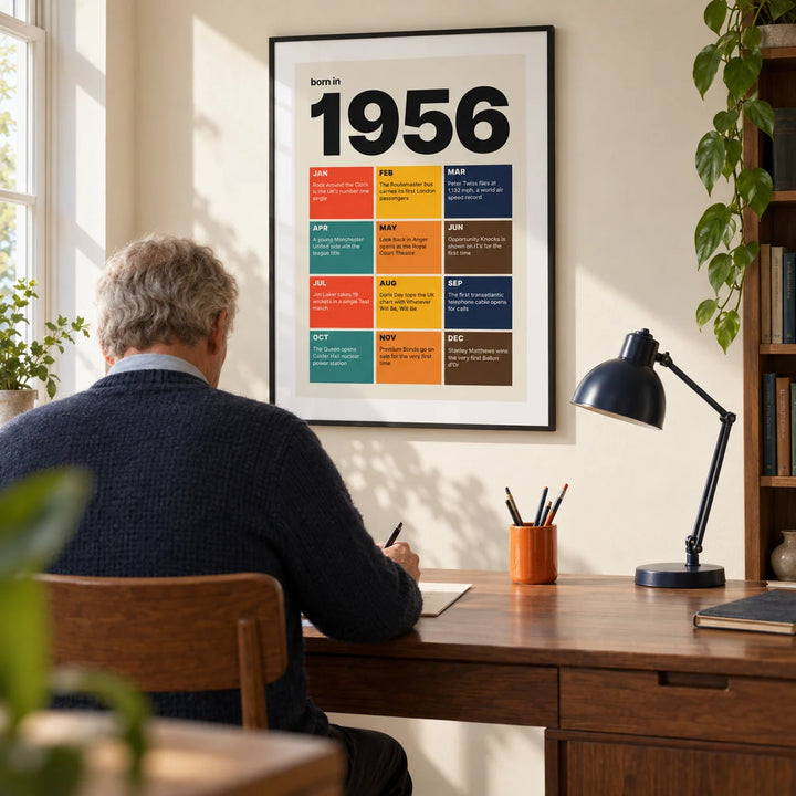 1956 Year in Review Print, framed on the wall of a bright home study in a mature couple's UK home with an ivory wall and a walnut desk