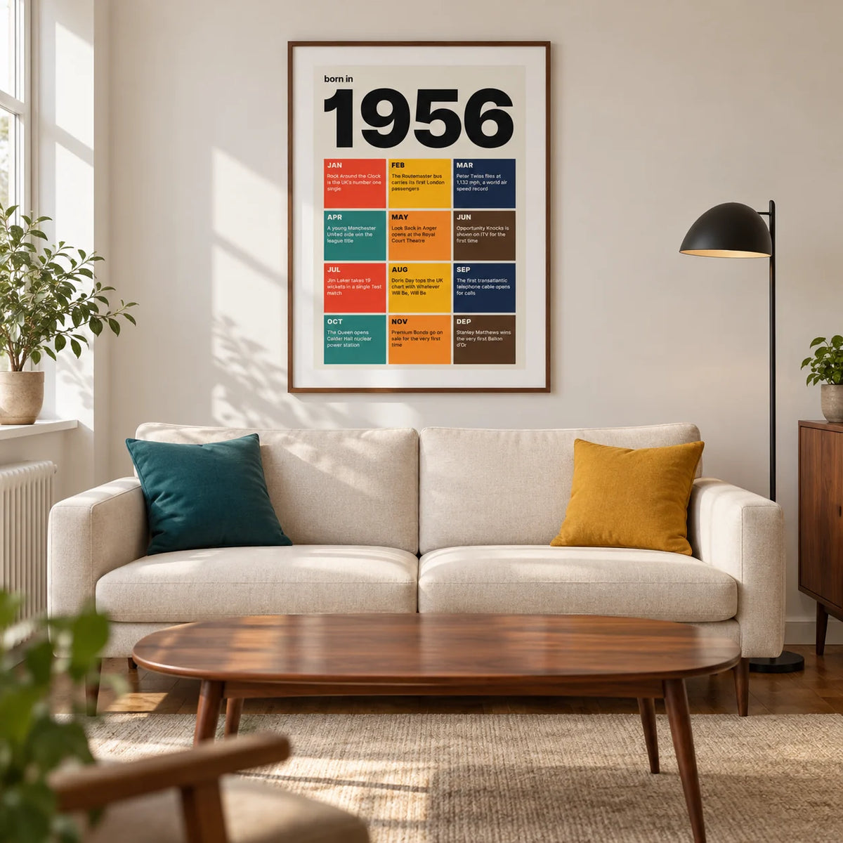 1956 Year in Review Print, framed on the wall of a modern living room in a British townhouse with warm white walls