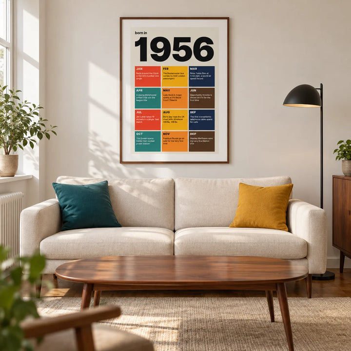 1956 Year in Review Print, framed on the wall of a modern living room in a British townhouse with warm white walls