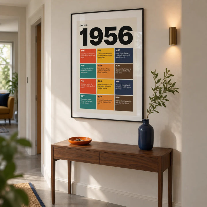 1956 Year in Review Print, framed on the wall of a spacious hallway in a design-conscious UK flat with warm white walls and a plain grey stone floor