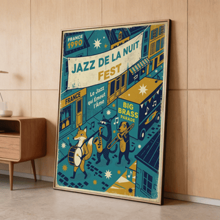 Angled street-scene wall art print with buildings, starbursts, and floating music notes
