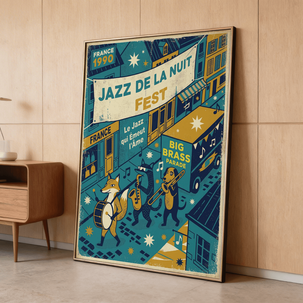 Angled street-scene wall art print with buildings, starbursts, and floating music notes
