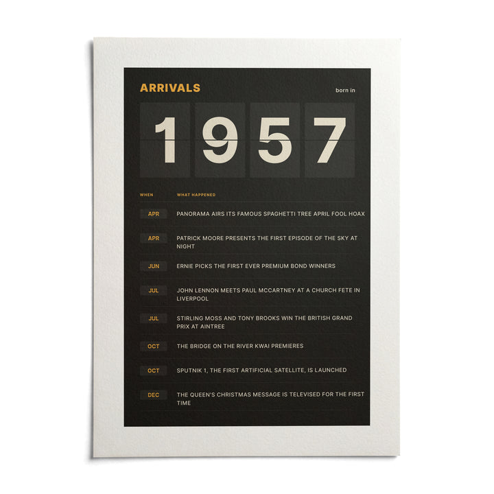 1957 Arrivals Board Print, shown as an unframed paper print on a plain white background