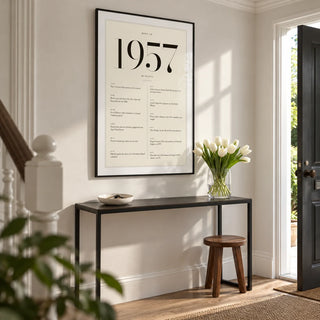 1957 Birthday Print, framed on the wall of a bright entrance hallway in a renovated UK terrace with a white wall