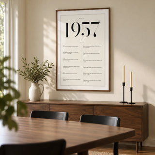 1957 Birthday Print, framed on the wall of a modern dining room in a settled British family home with an ivory wall