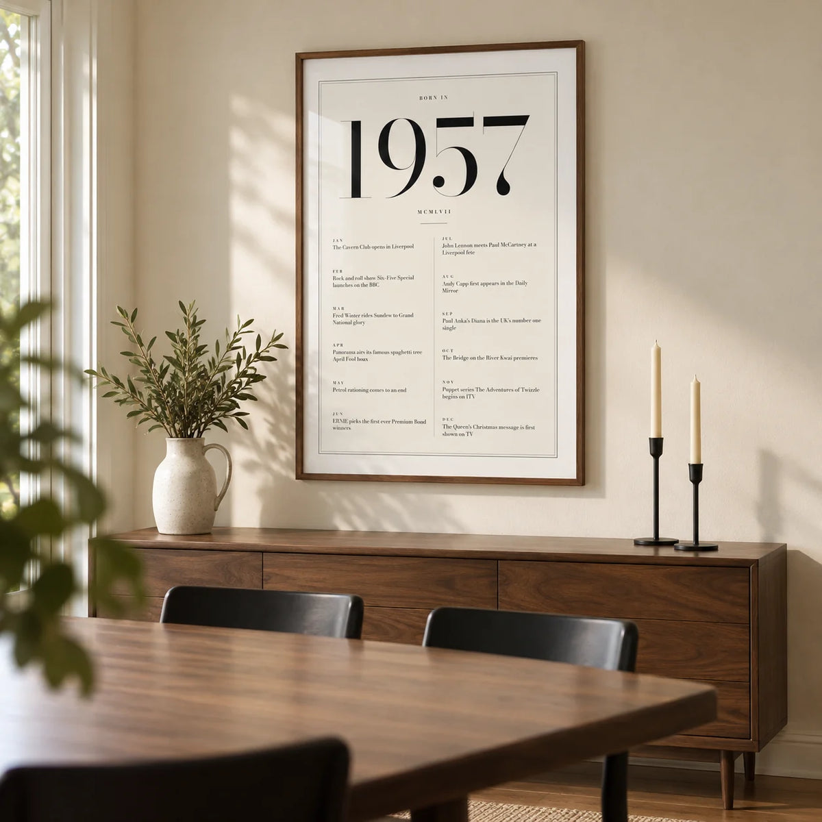 1957 Birthday Print, framed on the wall of a modern dining room in a settled British family home with an ivory wall